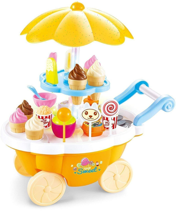 AESGOP Battery Operated Plastic Ice Cream Trolley, Music for Kids Set with LED(Yellow)