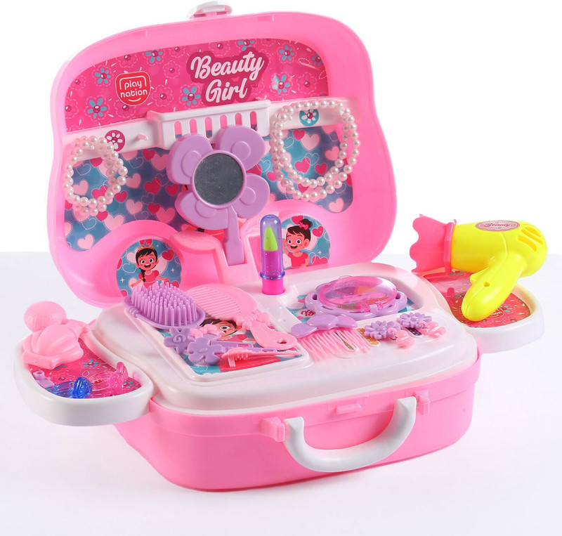 Play Nation Portable Hair Styling Pretend Play Toy With Wheels|Makeup Set for Girls - 21 Pcs