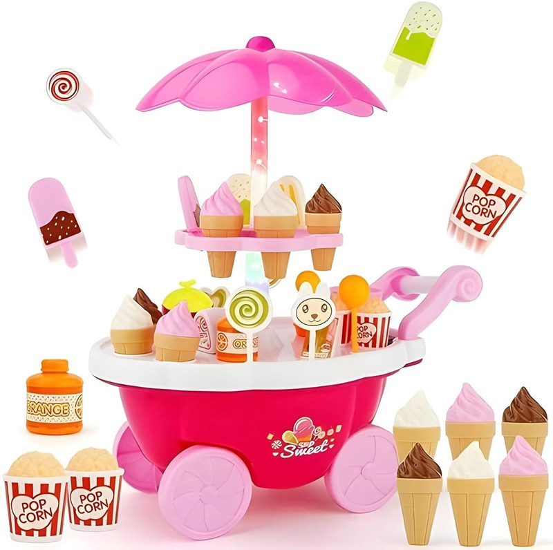 KOBBET 39-PCS Ice Cream Trolley Pretend Role Play Educational Toy Kitchen Play Cart Set