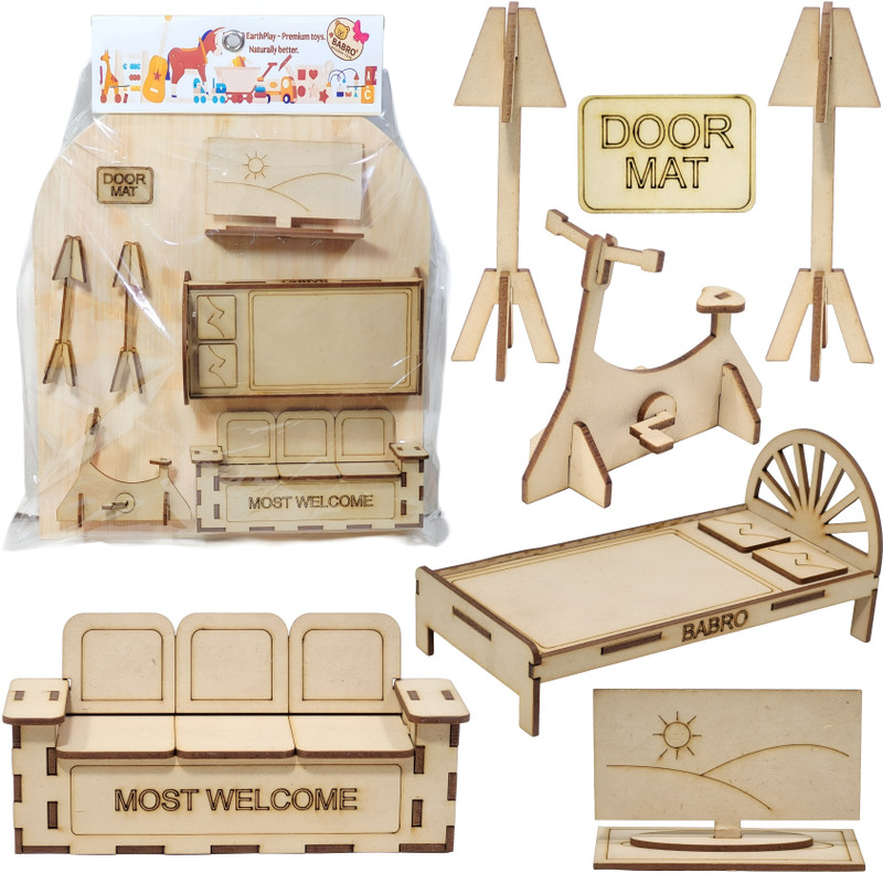 BABRO Wooden Miniature Furniture Toy Set, Wooden Fridge, Almirah & Sofa Set For Kids