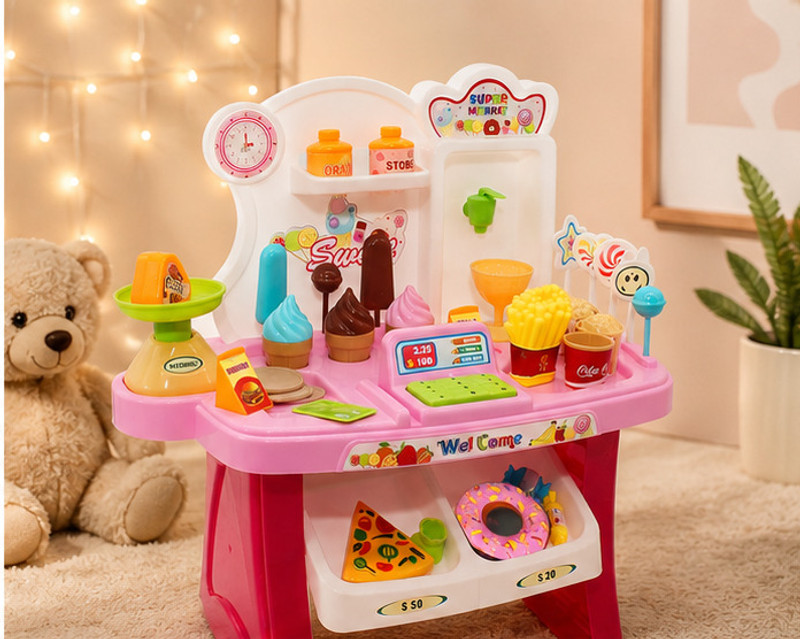 EVERFRESHCARE Kids Supermarket Play Set with Cash Register Sound Toy 34 Pieces