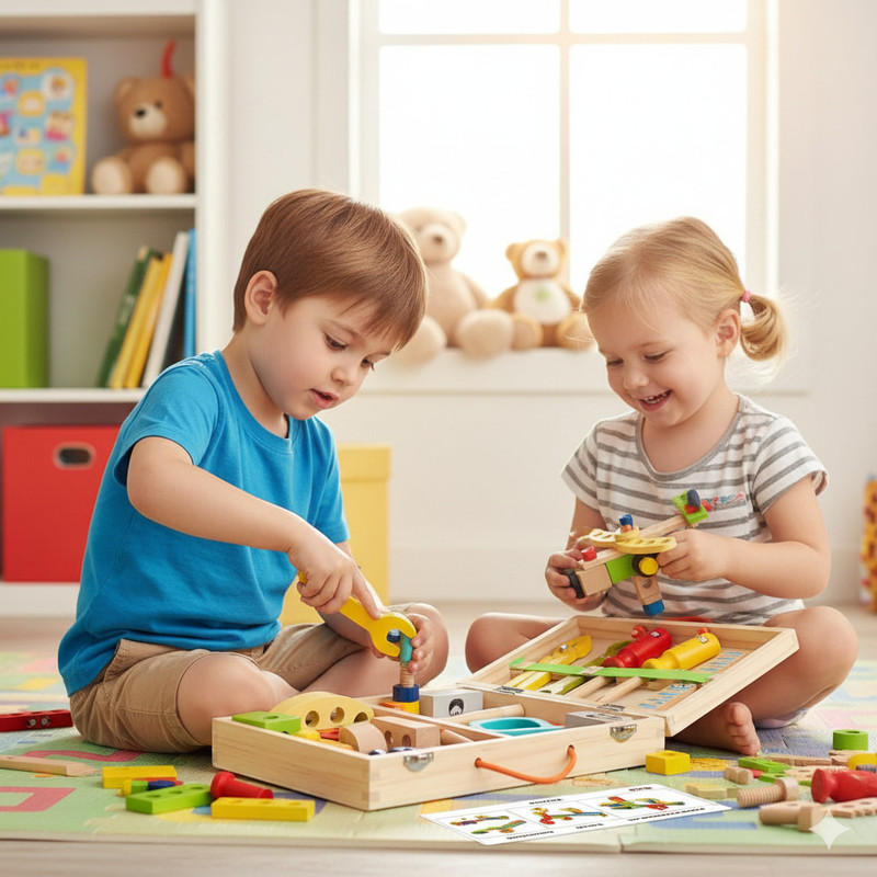Minnics Wooden Tool Box Set For Kids| Mechanical Role Play | Pretend Play DIY Kit
