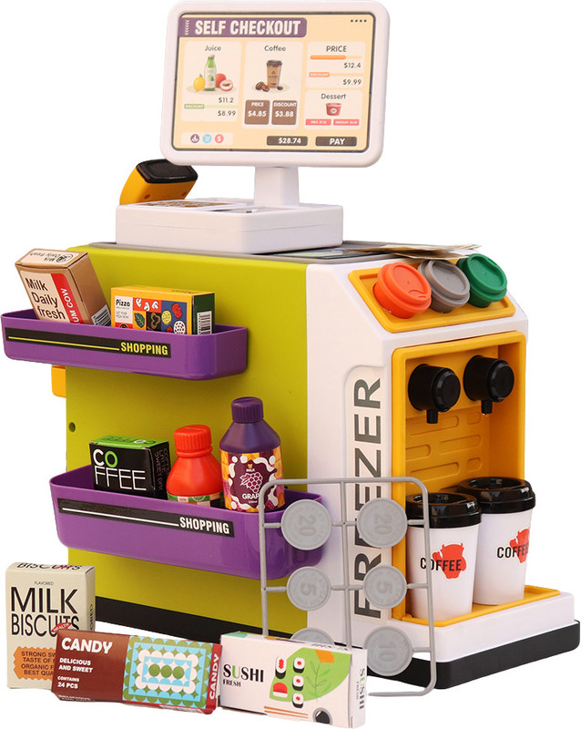 Jukku 50 Pieces Supermarket play Set with Real Water Dispenser and Pretend Scanner