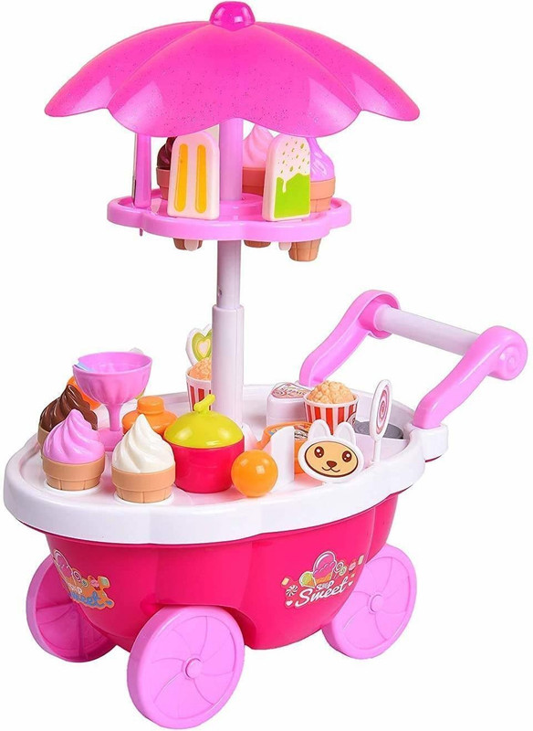 NAMANSHU TEX Ice Cream set toy, Kitchen Play Cart Kitchen Set Toy with Lights and Music, Small sweet shop Cart 39 Pcs toy for kids