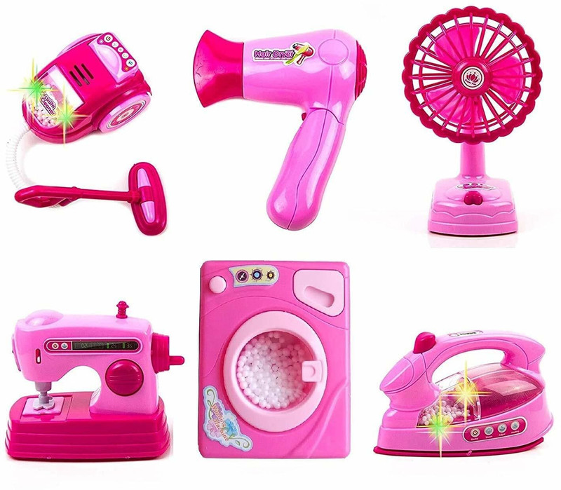NIYAMAT battery operated 6 pieces household home appliances play set toys for girls with realistic sound - fan,hair dryer,vacuum cleaner,sewing machine,iron,washing machine-Pink