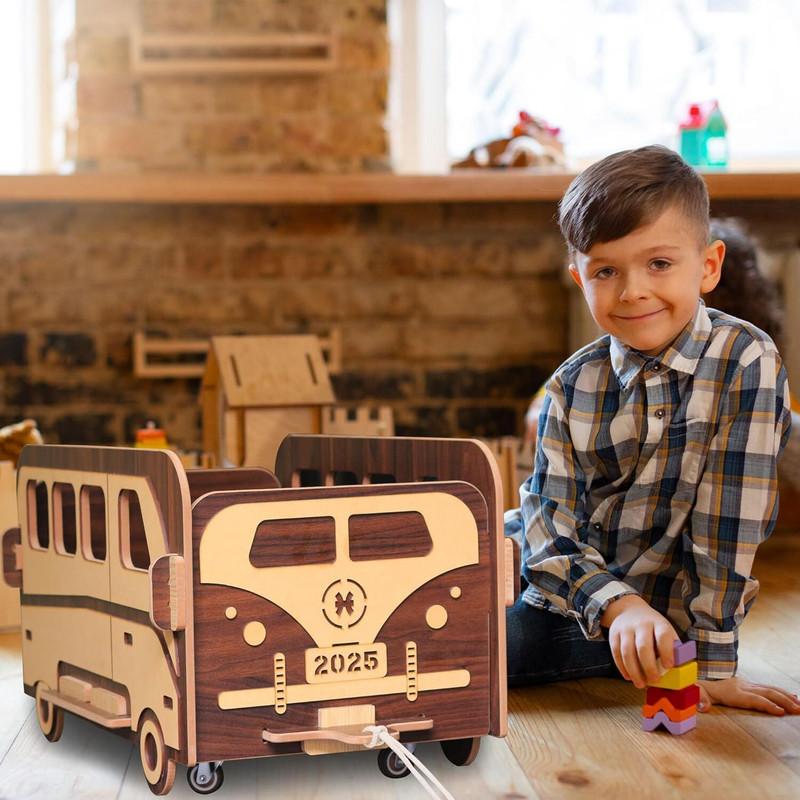 AUXYM Handmade Wooden Bus Toy with Wheels for Kids