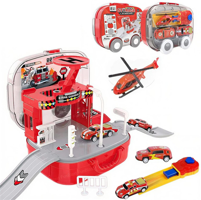FunBlast Fire Truck Racing Track Toy with Carry Case & Mini Cars for 3+Years Kids