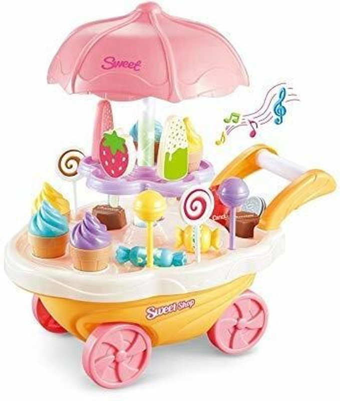 Dherik Tradworld Mini Sweet Candy Shop Cart & Ice Cream Role Play Set Toy for Kids - Yellow