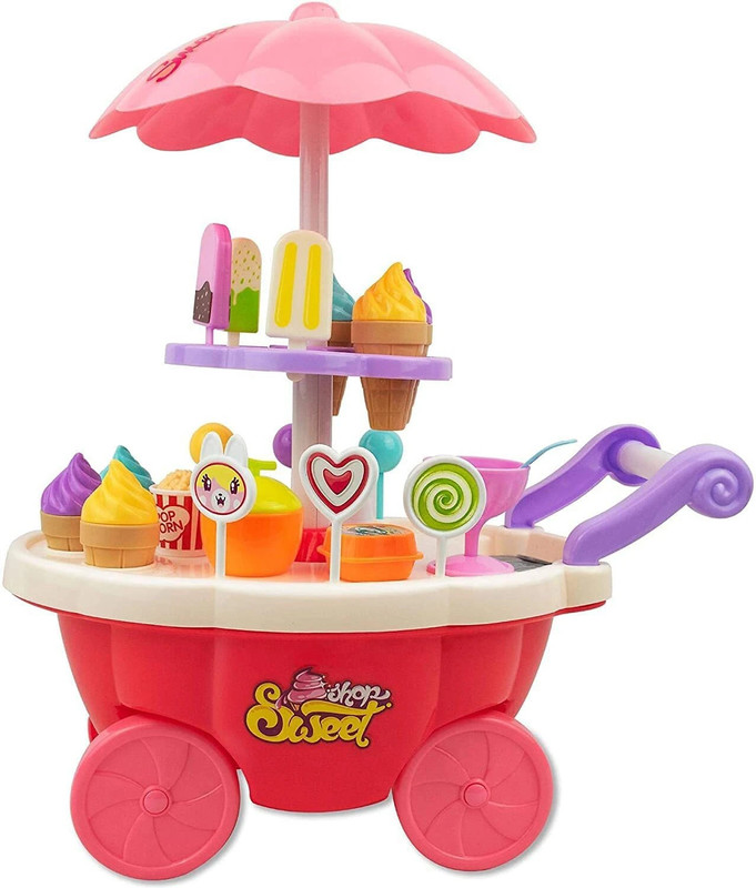 himanshu tex 39 Pcs Ice Cream And Candy Flavours Luxury Yellow Cart Sweet Shop with Light and Music Toy For Kids