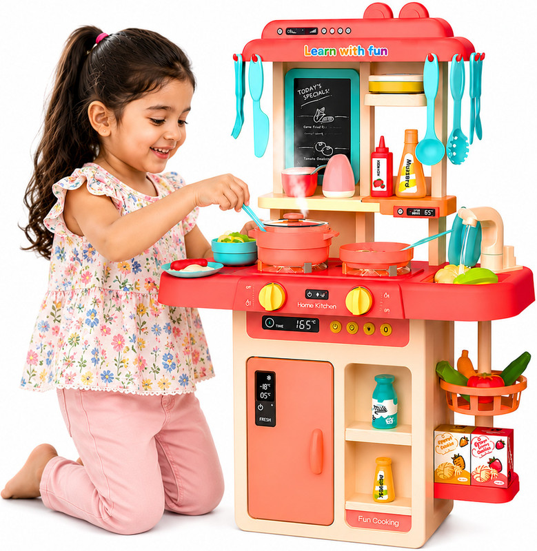 Learn With Fun 42 Pieces Kitchen Set Steam Water Light Sound Chef Playset For Kids