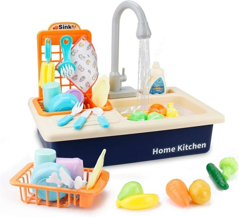 Veryke Kitchen Set for Kid Plastic Play Kitchen Sink,Running Water Electronic Washbasin