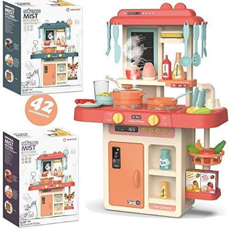 STOFFIER GARTEN 42-Piece Kitchen Set, Smoky, Music,Real Water Tap, Kitchen for Kids Girls