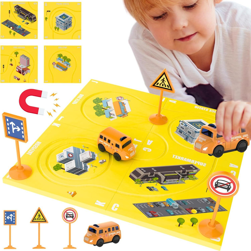 venimall Magnet Toddler Race Tracks for Kids 3-5, w/School Bus Vehicle, and Accessories
