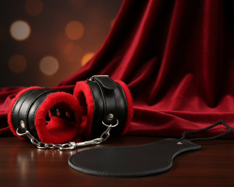 THE NIGHT CARE Red Black Role Play Hand Cuff and Paddle For Married Couple Adult Fun