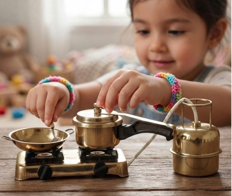 mekavi Miniature Brass Gas Stove Kitchen Set for Kids