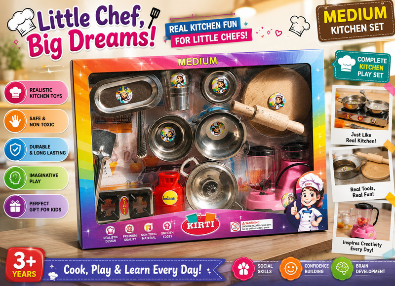 NIMAVRIKSHA Steel Kitchen Play Set for Kids (25 Pieces) | Medium Pretend Cooking Toy