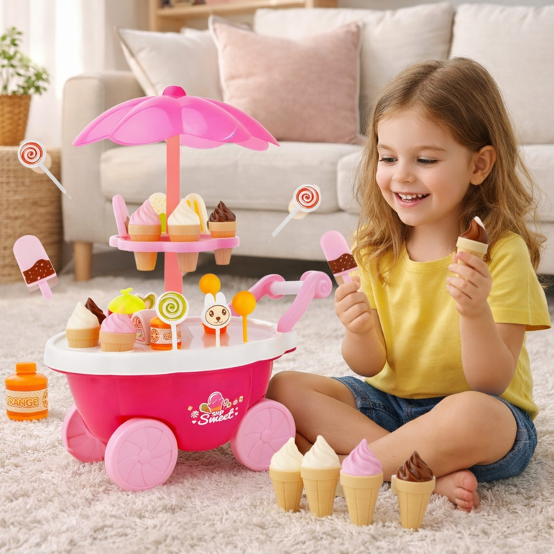 BEBRIGHT Kids Ice Cream Cart Toy Set with Accessories Shop Toy for Boys & Girls