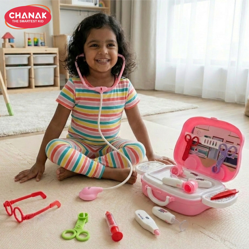 CHANAK Premium Doctor Set Suitcase LED Light Instruments, Dr Kit 10 Piece (Pink)