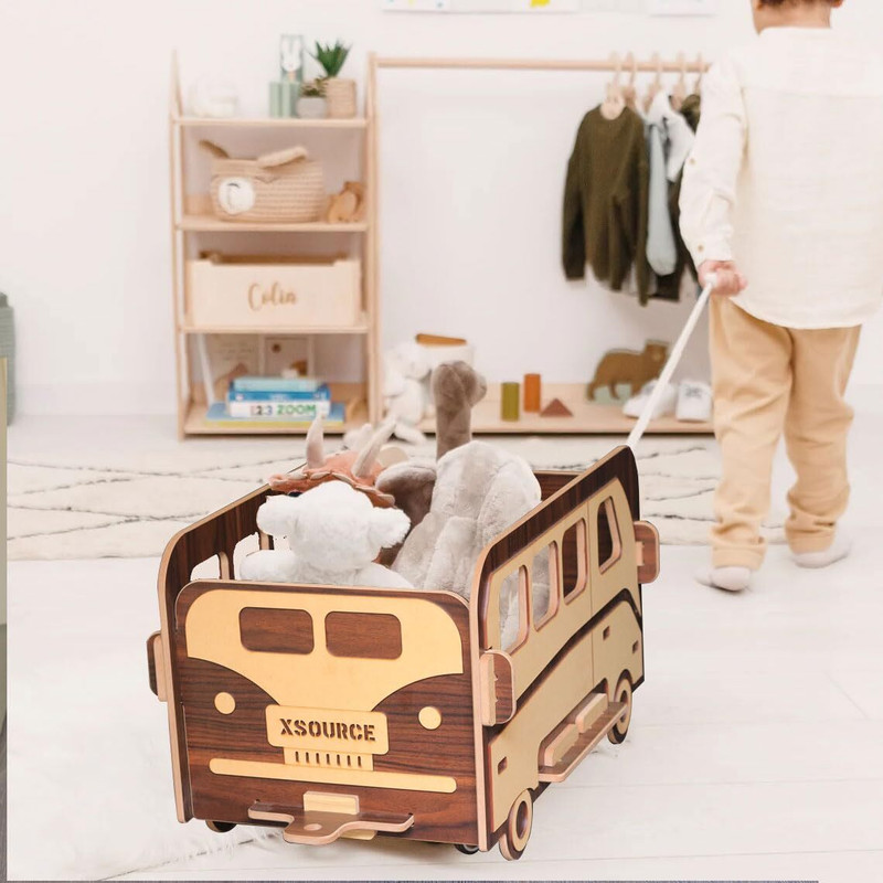 Woodoria Wooden Bus Toy Organizer for Kids
