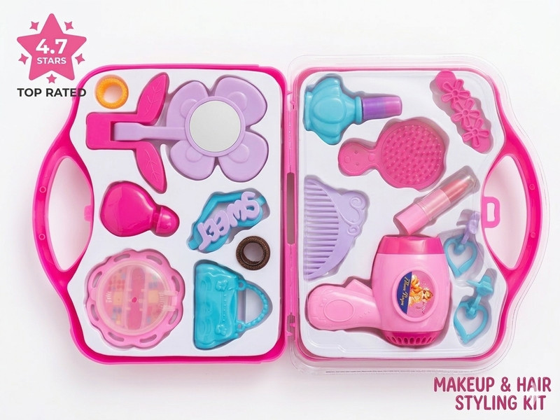 Araa Enterprise Kids Makeup & Hair Styling Toy Kit with Hair Dryer, Mirror, Comb & Accessories