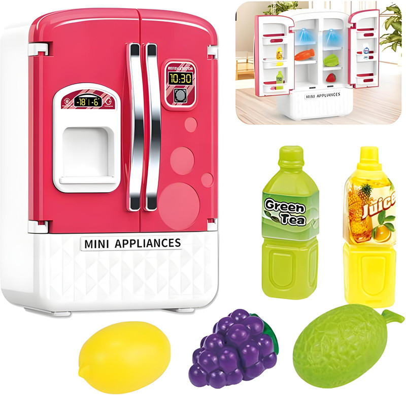 Zoddler Mini Fridge Toy with Light & Sound Kitchen Appliance Fruits & Bottles For Girls