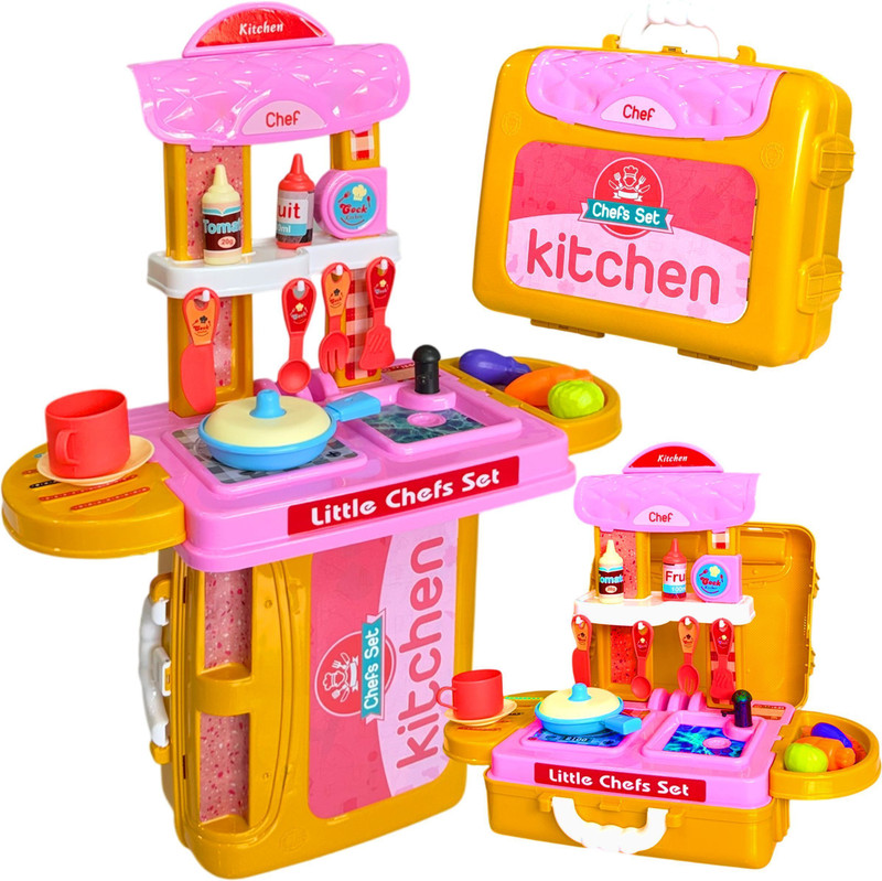 FIONATECH 3 in 1 Kitchen Suitcase for Kids Mini Kitchen Play Set Portable Cooking For Kids