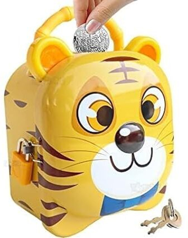 HK Toys Tiger Coin Box for Kids with Lock and Key Cartoon Toy Money Bank Gullak for Kids