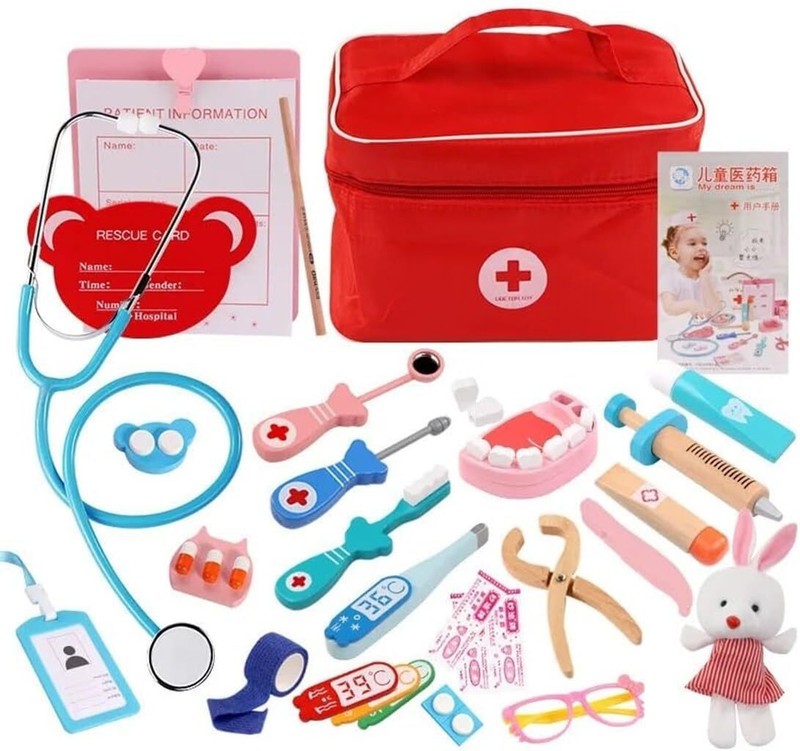 HOP N PLAY Wooden Doctor Set for Kids Dentist Kit with Stethoscope Pretend Play- Children