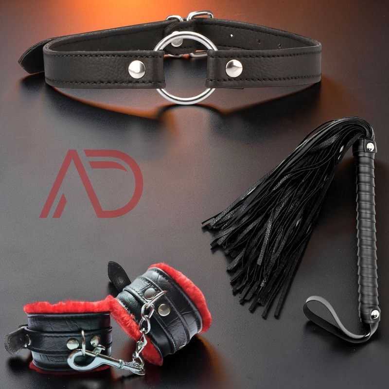 ARD Couple Roleplay Kit Leather Collar Cuffs & Whip Set