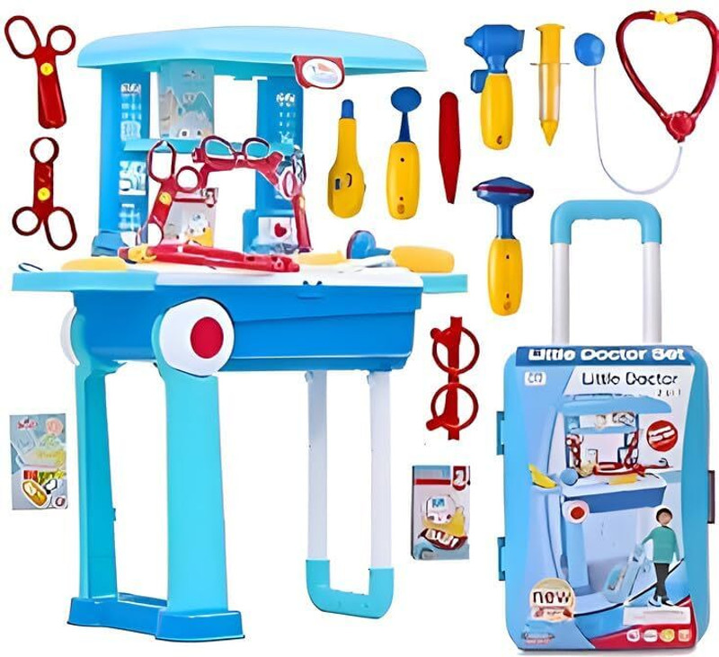 Aditi Toys Premium Set With Pull & Push Trolley For Kids, 13 Piece Doctor Kit