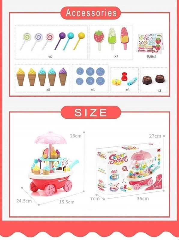 AESGOP Ice Cream Candy Cart Pretend Play Food Dessert Trolley