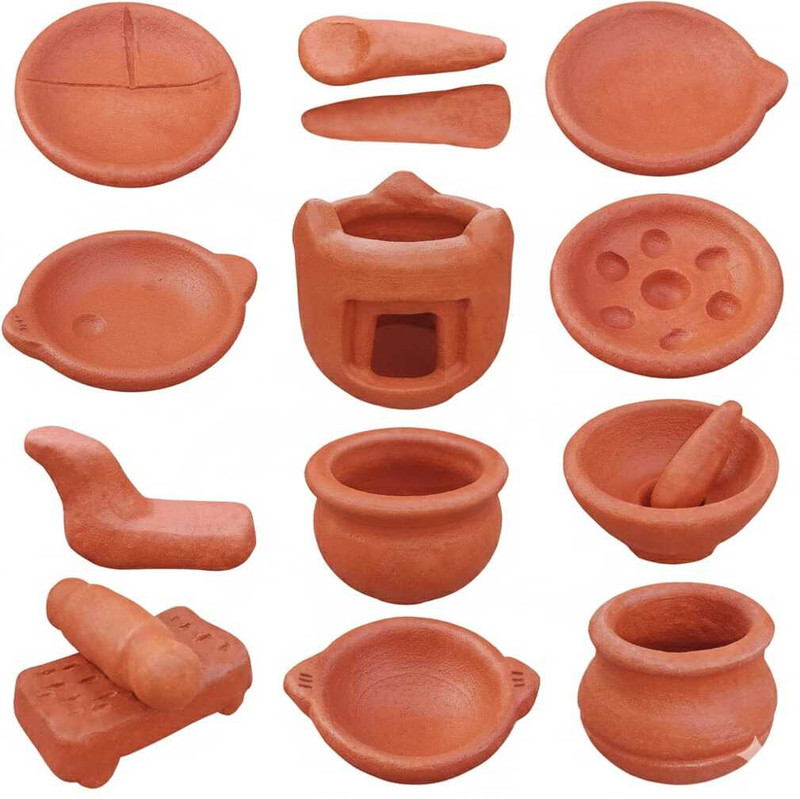 MNM POTTERY SOCITY Miniature Clay Kitchen Set for Kids ,14-Piece Traditional Terracotta Cooking Toy