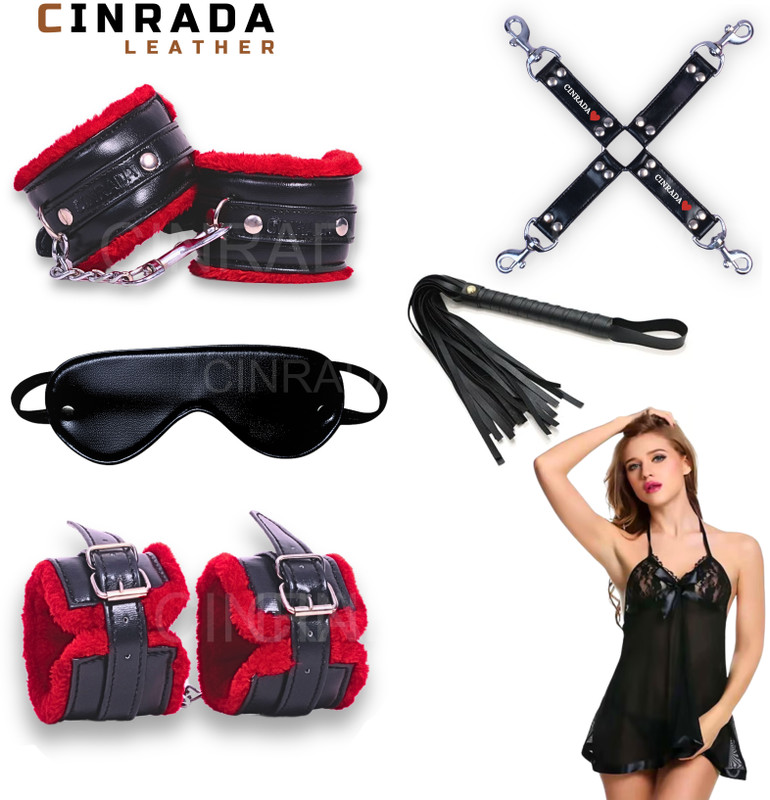 cinrada Handcuff Role Play Kit Red&Black– 6 Pcs Combo Set with lingerie set for women