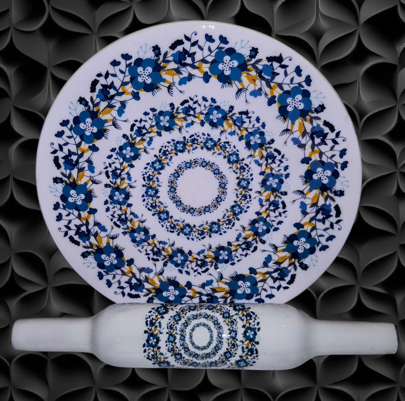 Elitekitch Printed Blue Fencing Marble Chakla Belan Set – Elegant Blue Pattern Rolling Pin & Board(Multicolor, Pack of 2)