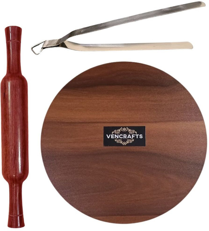 VENCRAFTS LARGE Size Wooden Chakla 12 Inch + Belan + Chimta Rolling Pin & Board(Brown, Pack of 3)