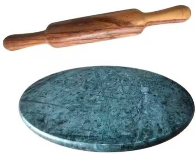KiaNic Non-Slip Green Marble Chakla with Wooden Belan Set Rolling Pin & Board(Green, Pack of 1)