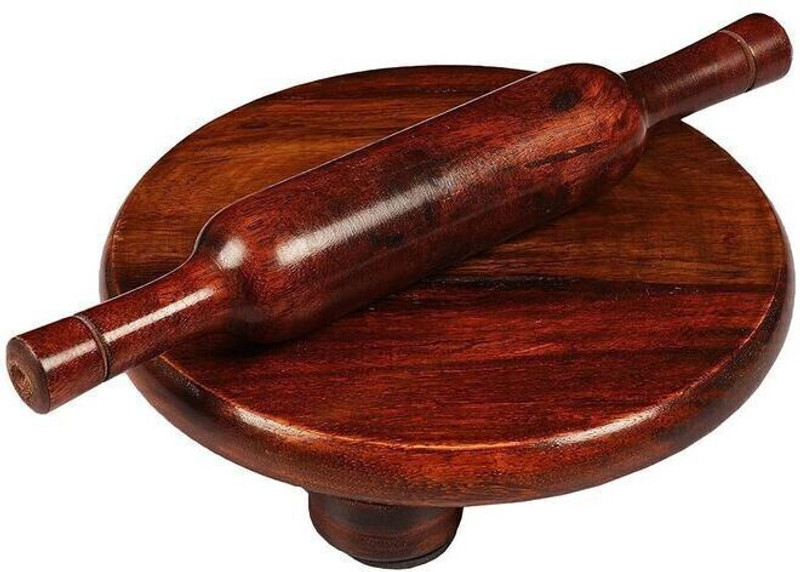 woodcarver Sheesham Wood Chakla Belan Set – Handmade Rolling Pin & Board (9/12 Inch) Rolling Pin & Board(Brown, Pack of 1)
