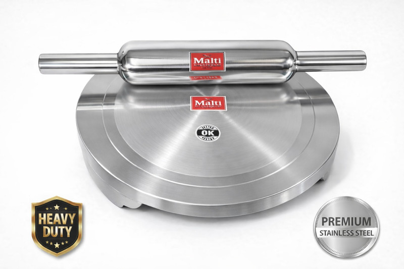 Malti Kitchenware Aluminium Chakla Belan set |Heavy Duty Roti Maker| Size- 9"| Weight - 725g| Rolling Pin & Board(Silver, Pack of 2)