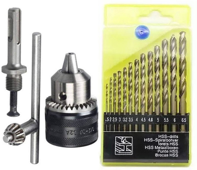 Kshivi Drill Bits 13 pcs of Hss Drill Bit Set And 13mm Drill Chuck With SDS Adaptor Key DCB16 Rotary Tool(13 mm)