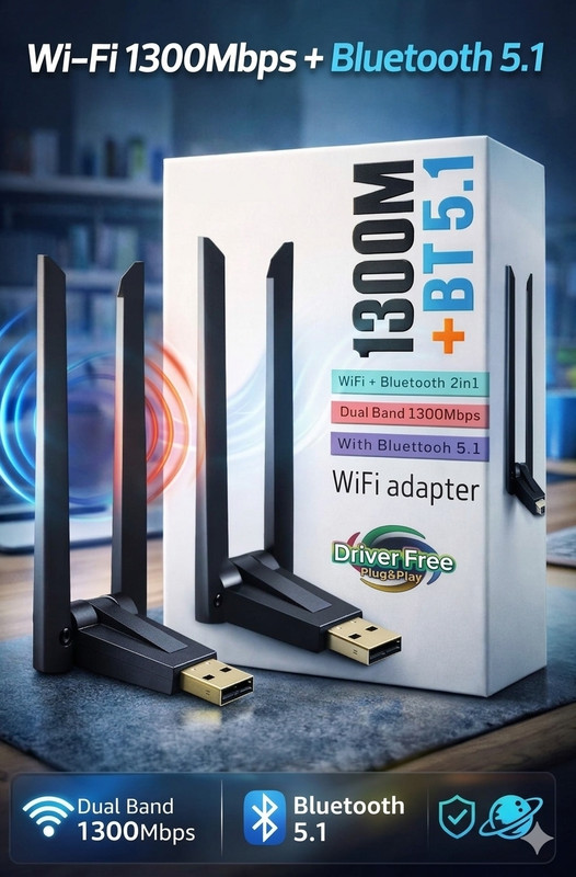 ONLIGHT Anyplus Wifi-Bt5.1 Dongal Antina wala Wireless Router 5 GHz 1300 Mbps Wifi Speed Dual Band External Antenna NA(Black)