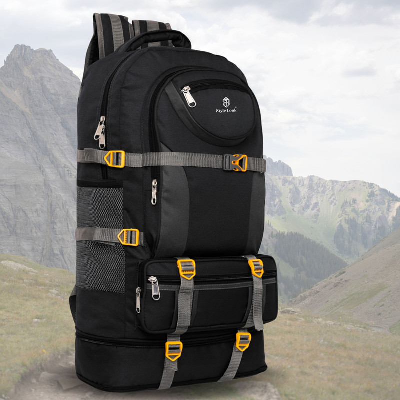 Style look Dual Compartment Rucksack with Quick Access Front Pocket & Water Bottle Mesh Rucksack  - 60 L(Black)