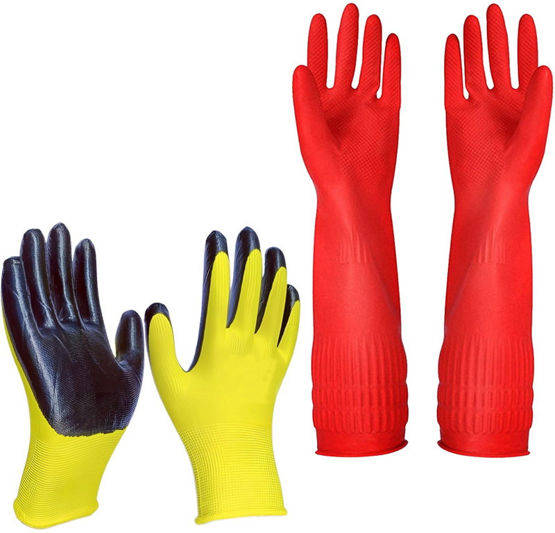 Masox Store Rubber Hand Gloves for Dishwashing, Car Washing, Gardening, Chemical Handling S3 Skating Gloves(Yellow, Red)