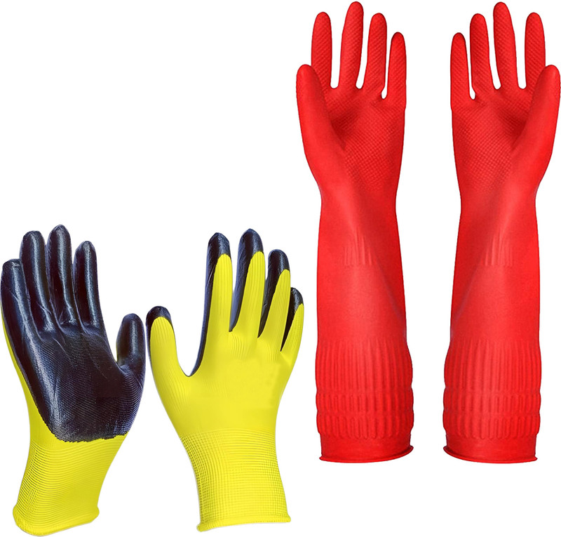 Masox Store Nitrile Coated Industrial Safety Hand Gloves | Long Sleeve Cleaning Gloves S2 Baseball Gloves(Yellow, Grey)
