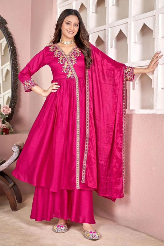 P Three Pluse Embroidered Kurta, Palazzo & Dupatta Set