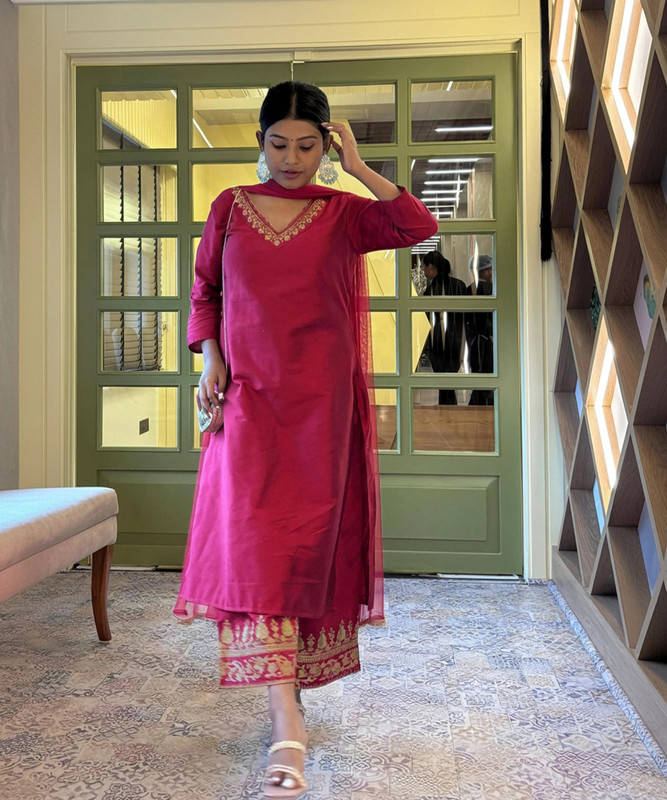 VredeVogel Embroidered Kurta, Palazzo & Dupatta Set