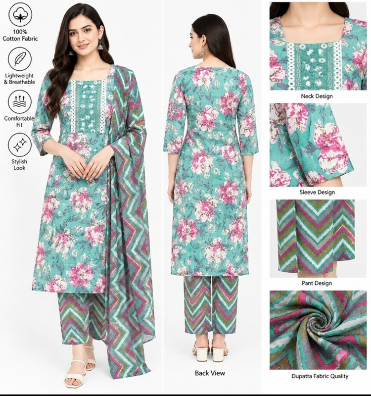 Anant Enterprises Floral Print Kurta, Palazzo & Dupatta Set