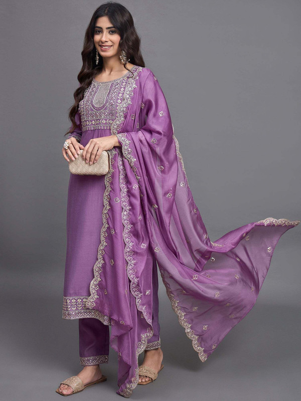 Shree Ramkrishna Fab Embroidered Kurta, Trouser/Pant & Dupatta Set