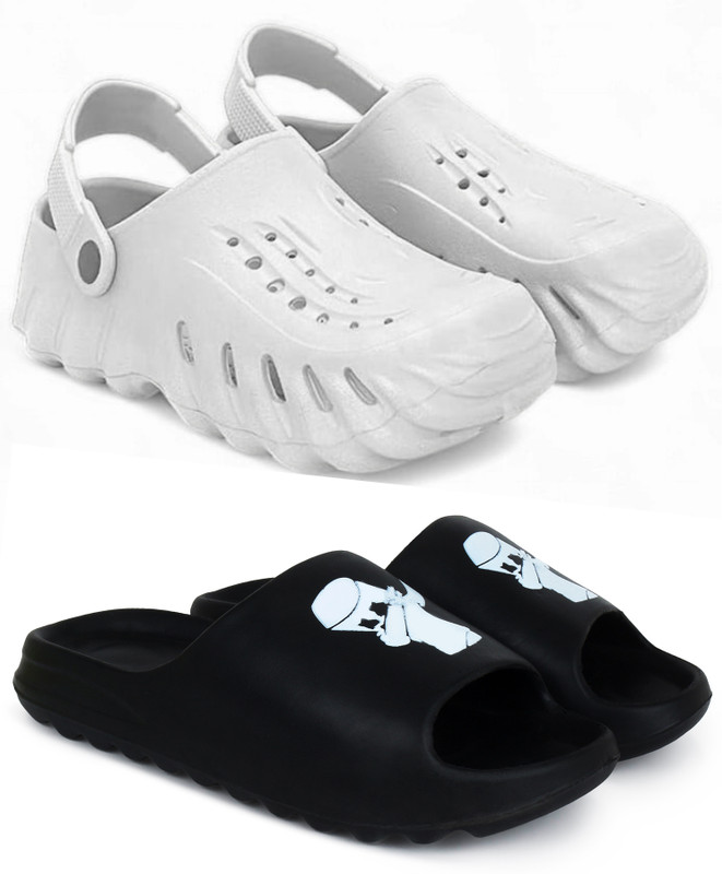 KAPYANSH Men Combo Pack of 2, Ultra cushion, Flipflops, Slipper, Slides, Sandal, Clogs Men Clogs(White, Black , 7)