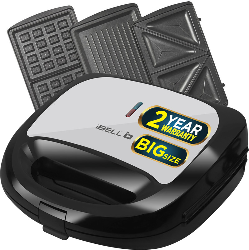 iBELL SM1301 Sandwich Maker 3 in 1, Detachable Plates for Toast, Waffle, Grill, 750W Toast, Grill, Waffle(Black)