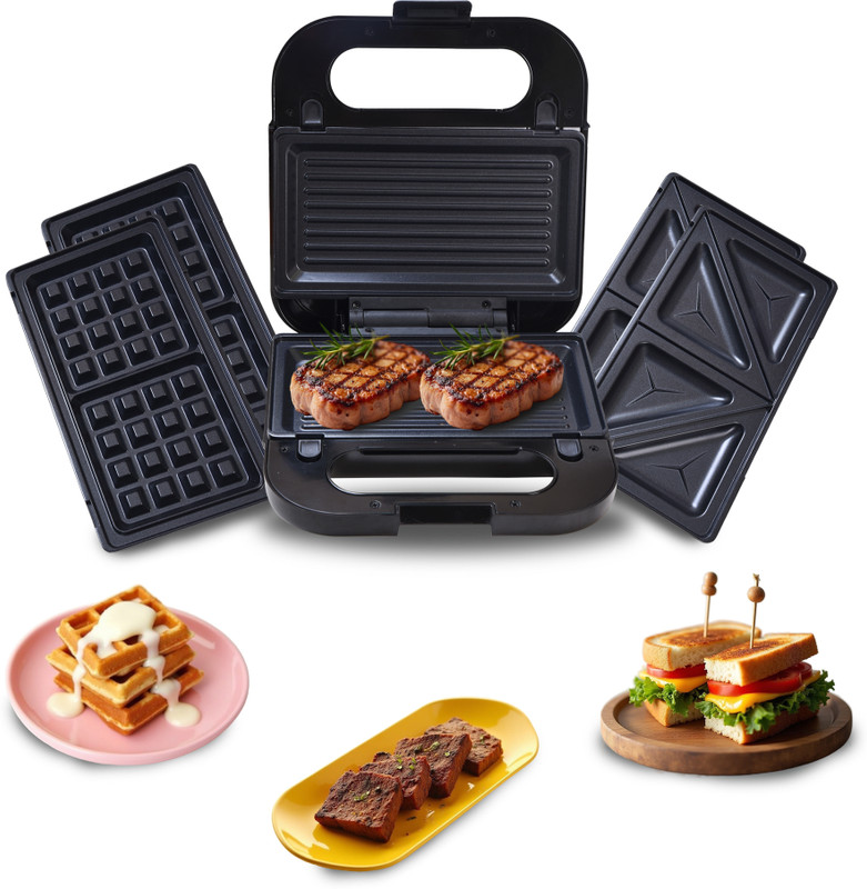 LIBRA by Libra Sandwich Maker 3 in 1, Detachable Plates for Toast, Waffle, Grill, 750 W Grill, Toast, Waffle(Stainless Steel and Black)